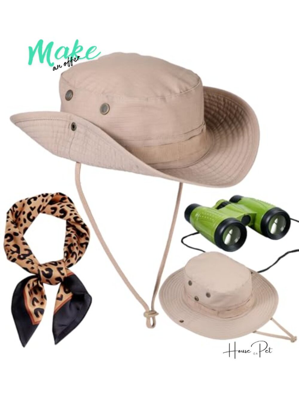 Safari Costume Set Women 3 Pc Cosplay Accessory Kit Hat Scarf Binoculars